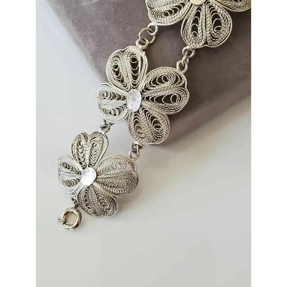 Vintage Silver Filigree Four Clover Link Bracelet – 6.25 in